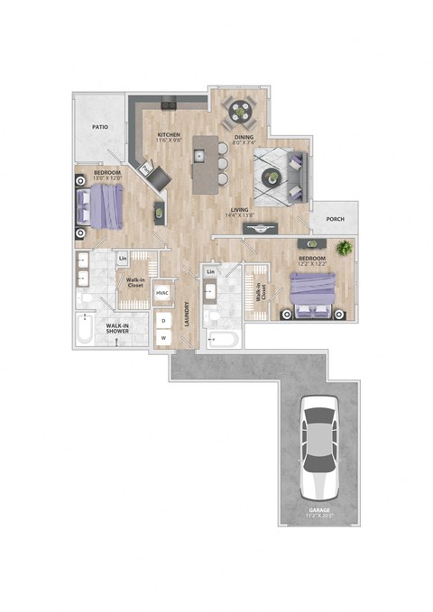 a floor plan of a house with a garage and a car